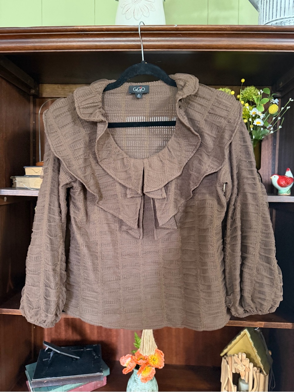 G.G.O. Brown Ruffled Collar Long-Sleeve Women's Blouse